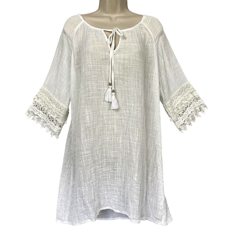Blue Island‎ Cover Up Dress Womens Small White Boho Beachy Crochet Lace Crinkle